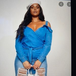 PrettyLittleThings Cold Shoulder Denim Wrap Shirt.